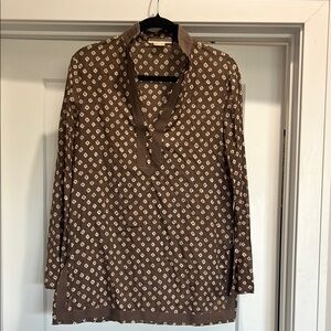 Michael Kors Brown Polka Dot Long Sleeve Collar Top